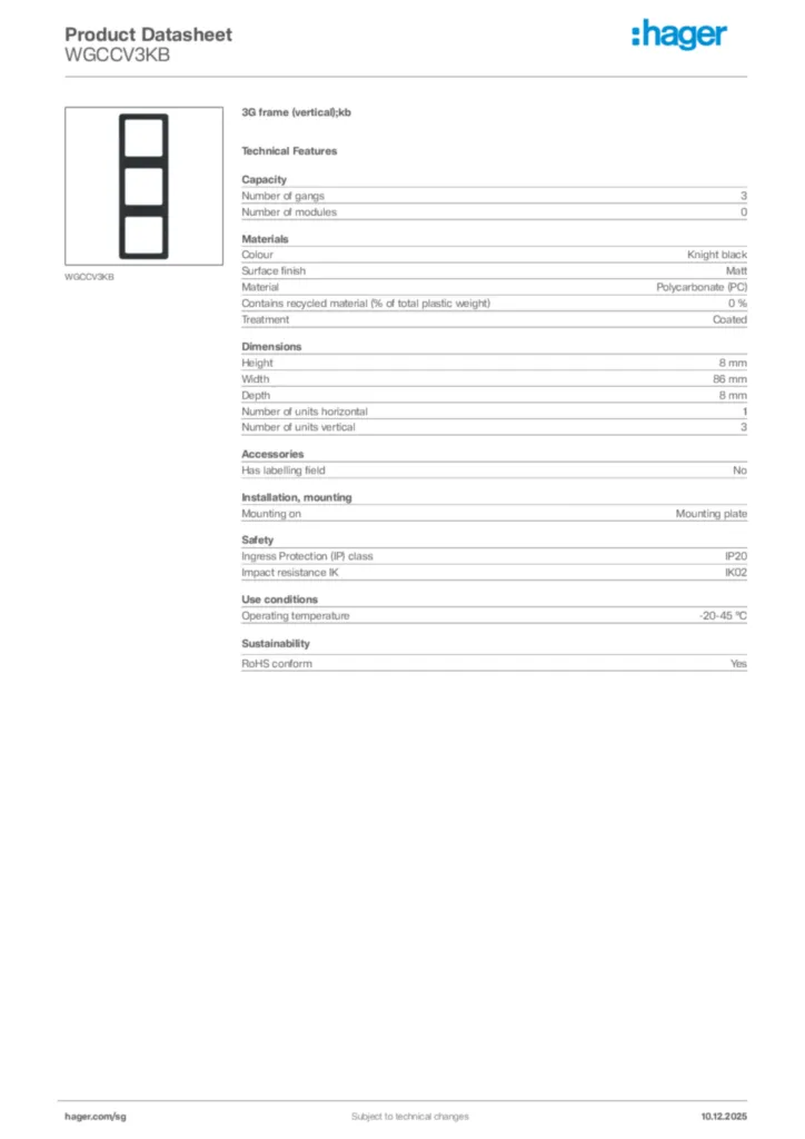 Image Hager Product data sheet WGCCV3KB  | Hager