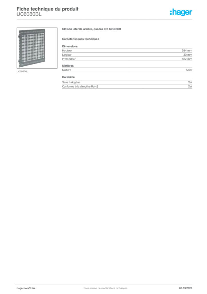Image Hager Fiche technique du produit UC6080BL | Hager Belgique