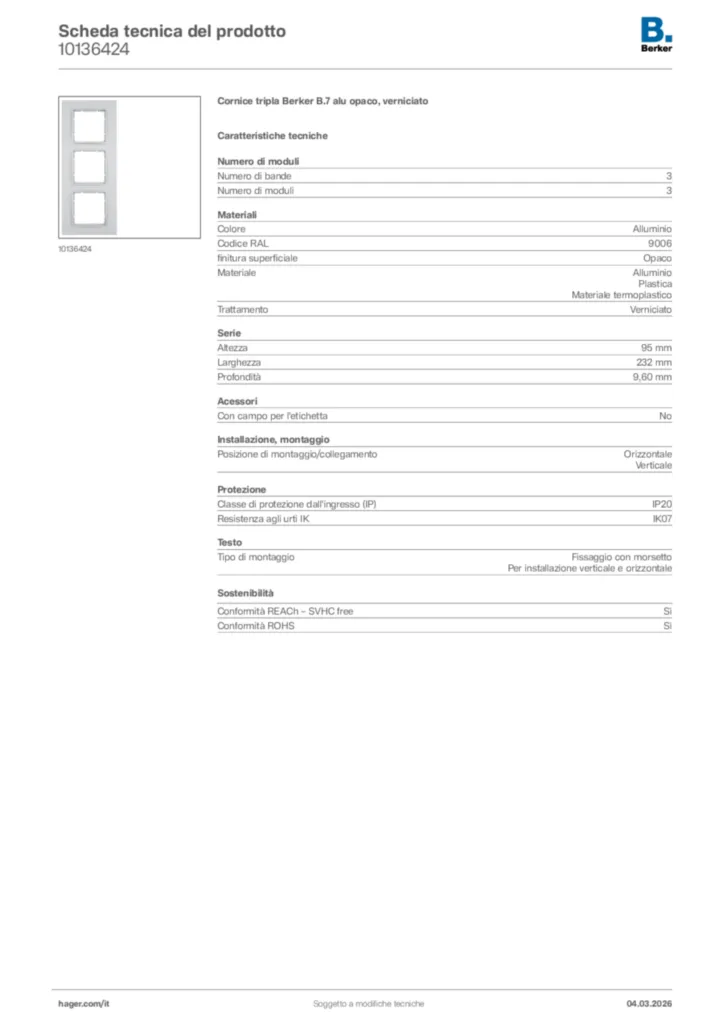 Immagine Berker Scheda tecnica del prodotto 10136424 | Hager Italia