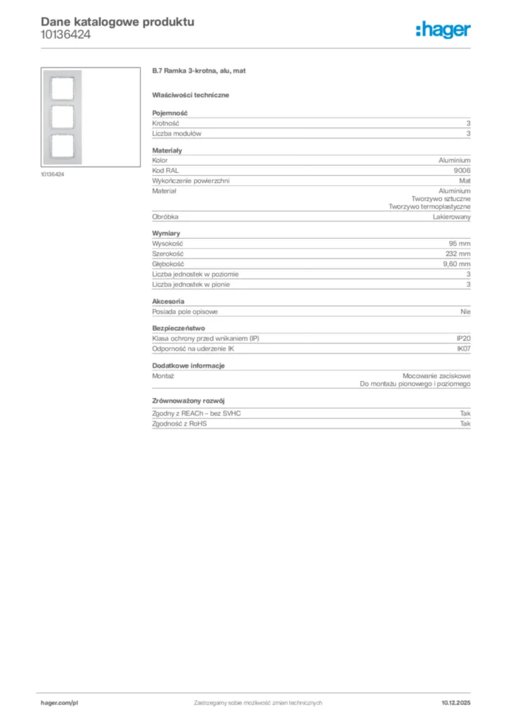 Zdjęcie Hager Dane katalogowe produktu 10136424 | Hager Polska