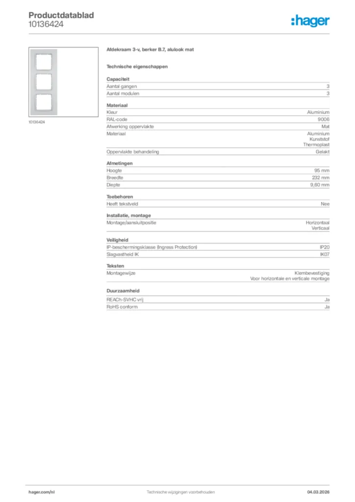 Afbeelding Hager Productdatablad 10136424 | Hager Nederland