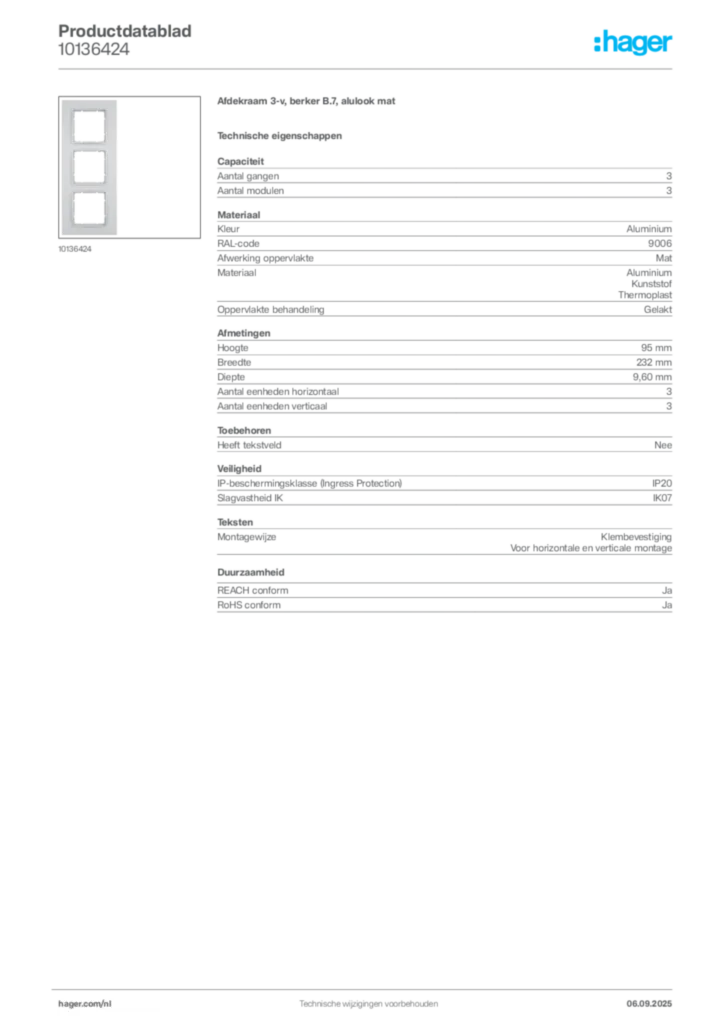 Afbeelding Hager Productdatablad 10136424 | Hager Nederland