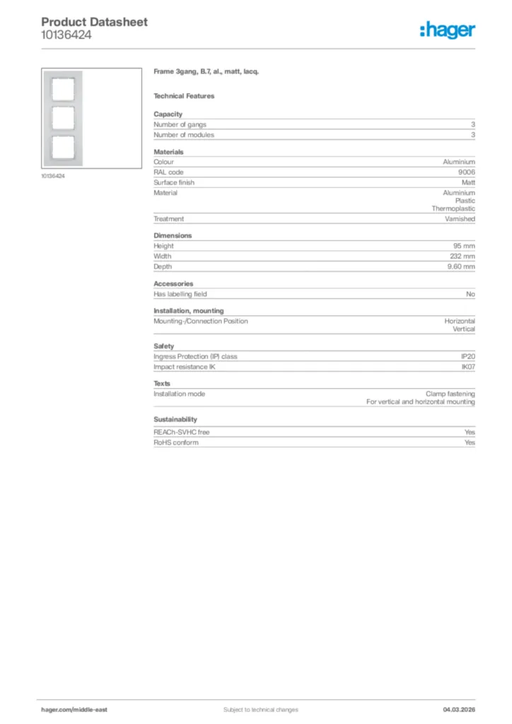 Image Hager Product data sheet 10136424  | Hager