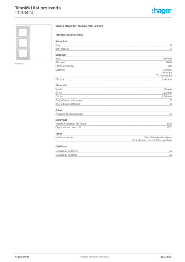 Slika Hager Product data sheet 10136424  | Hager