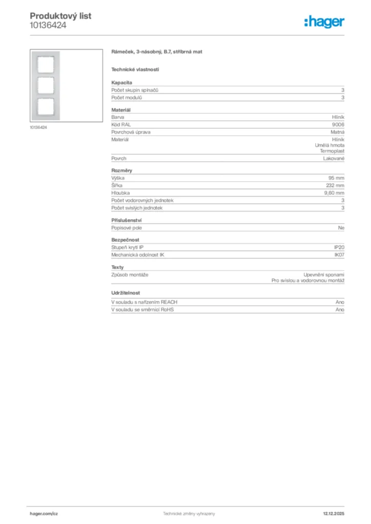 Obrázek Hager Produktový list 10136424 | Hager