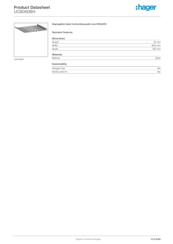 Image Hager Product data sheet UC6080BH  | Hager Africa