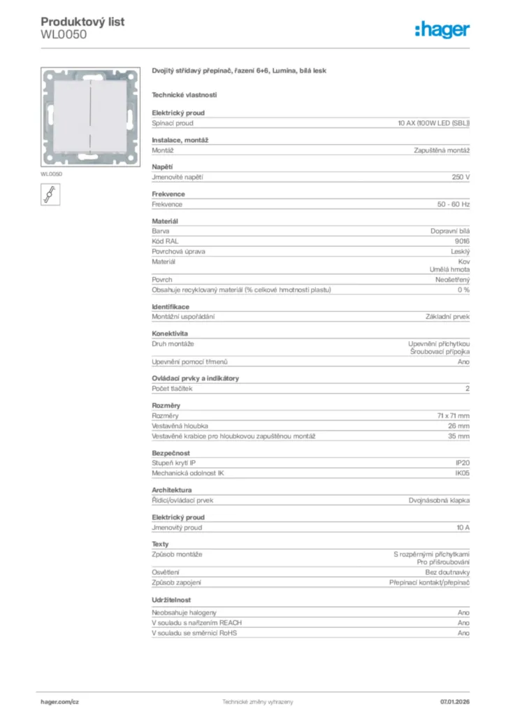 Obrázek Hager Product data sheet WL0050 | Hager
