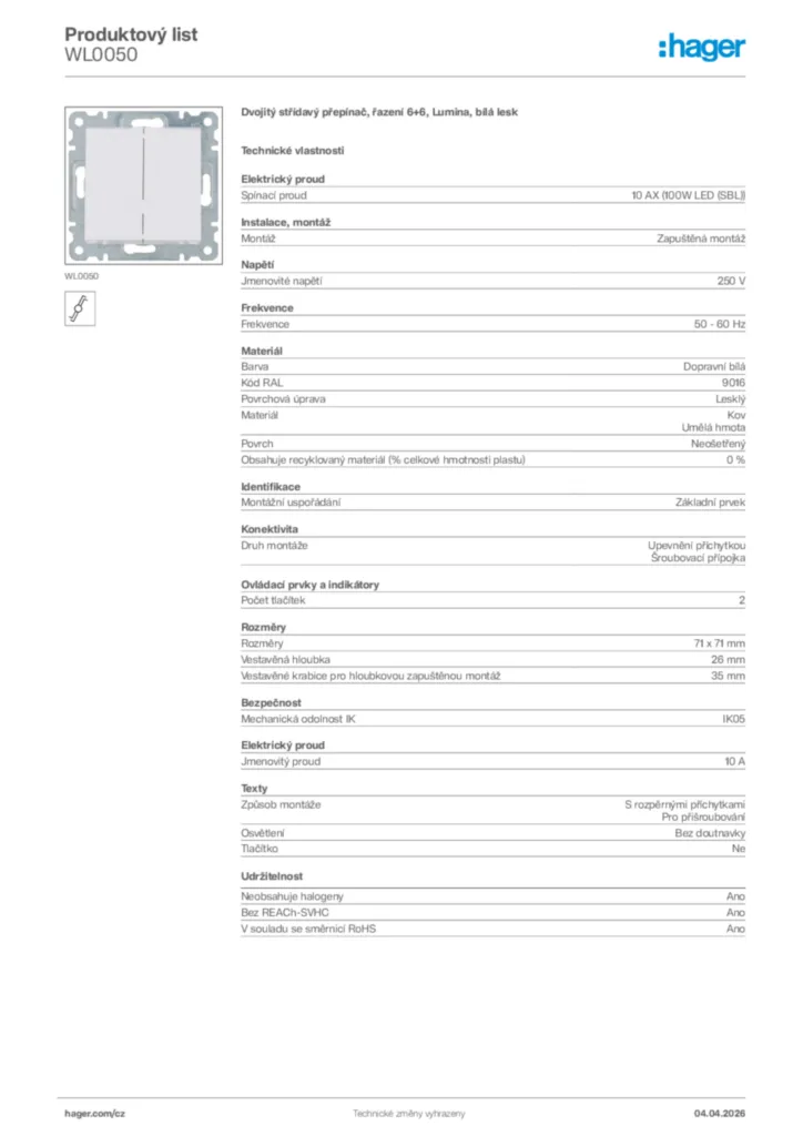 Obrázek Hager Product data sheet WL0050 | Hager