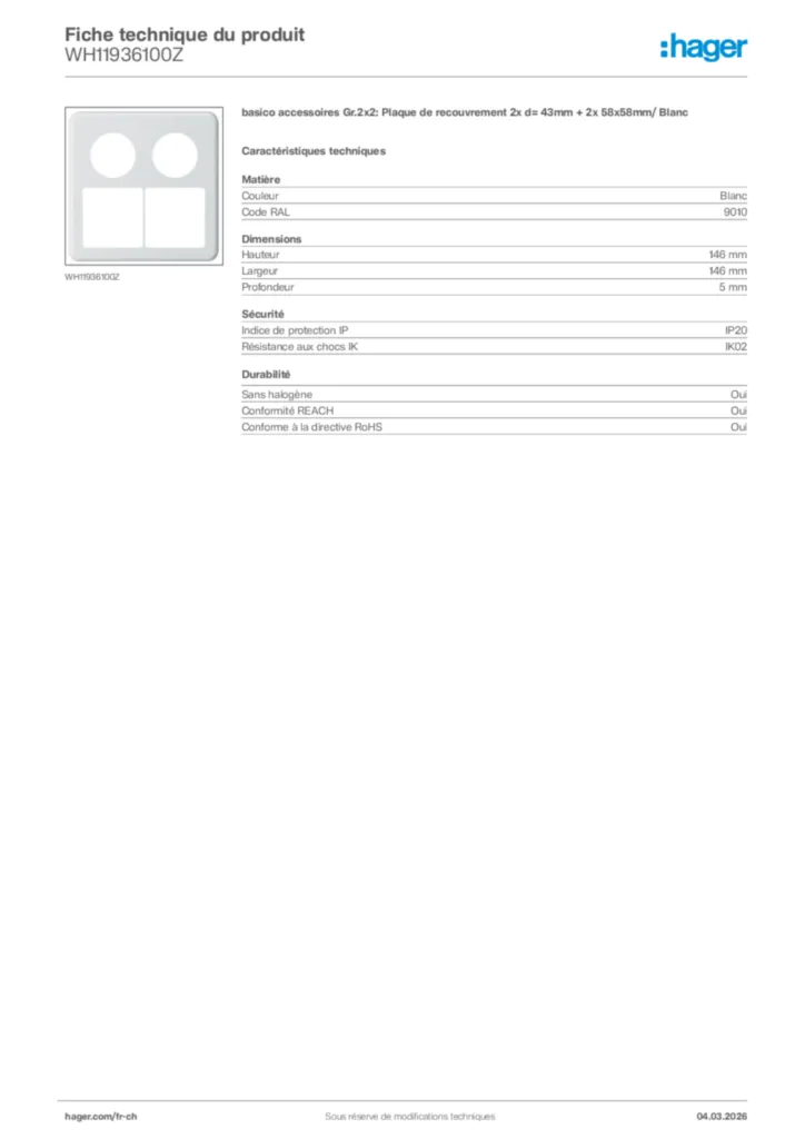 Image Hager Fiche technique du produit WH11936100Z | Hager Suisse