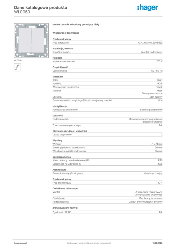 Zdjęcie Hager Dane katalogowe produktu WL0050 | Hager Polska