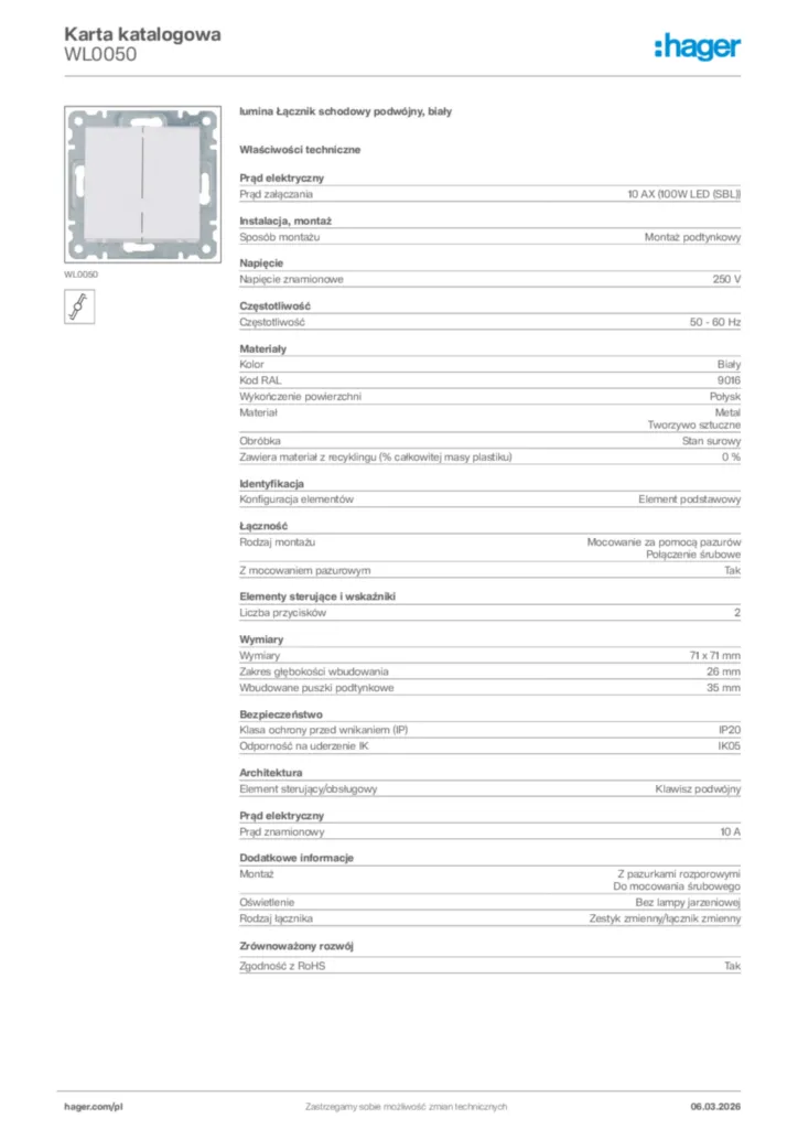 Zdjęcie Hager Karta katalogowa WL0050 | Hager Polska