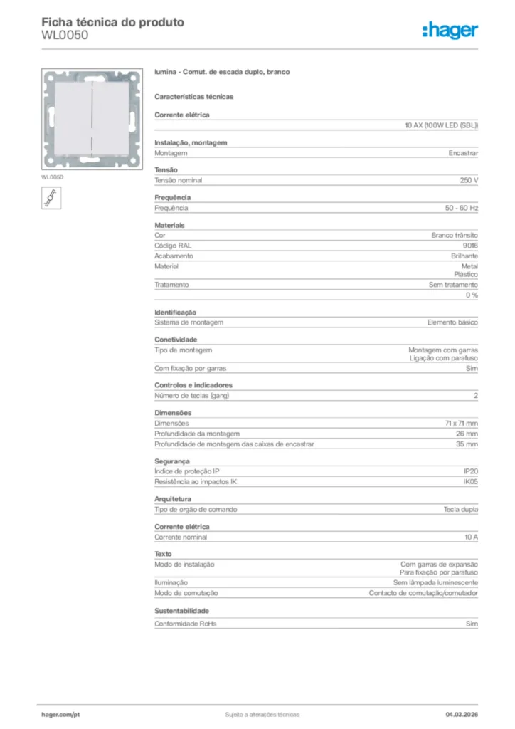 Imagem Hager Ficha técnica do produto WL0050 | Hager Portugal
