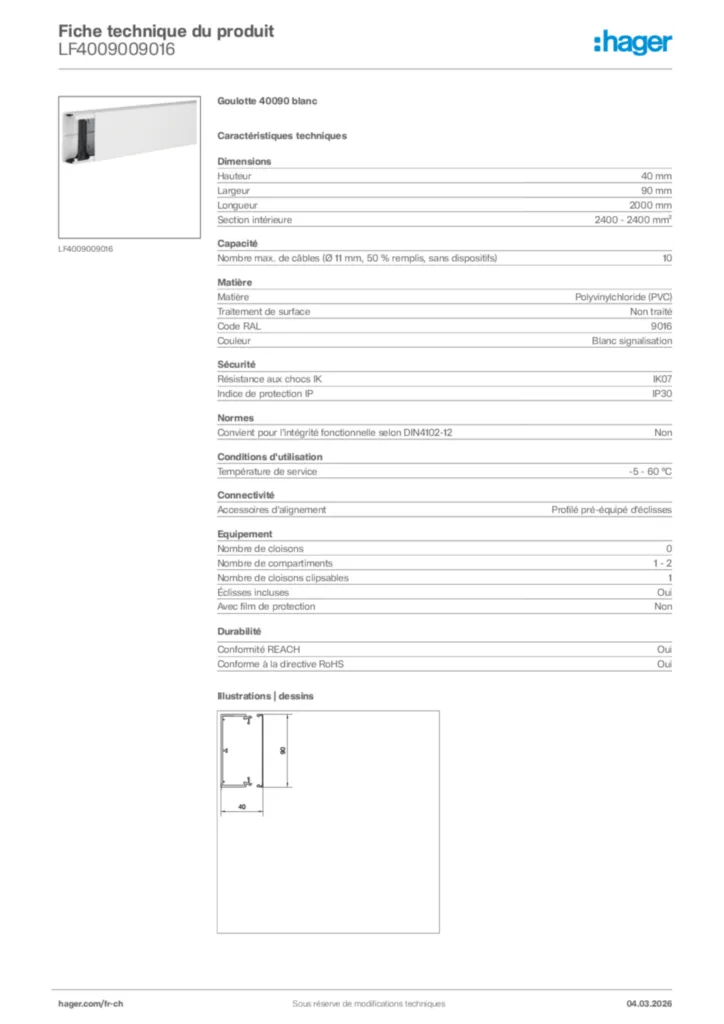 Image Hager Fiche technique du produit LF4009009016 | Hager Suisse