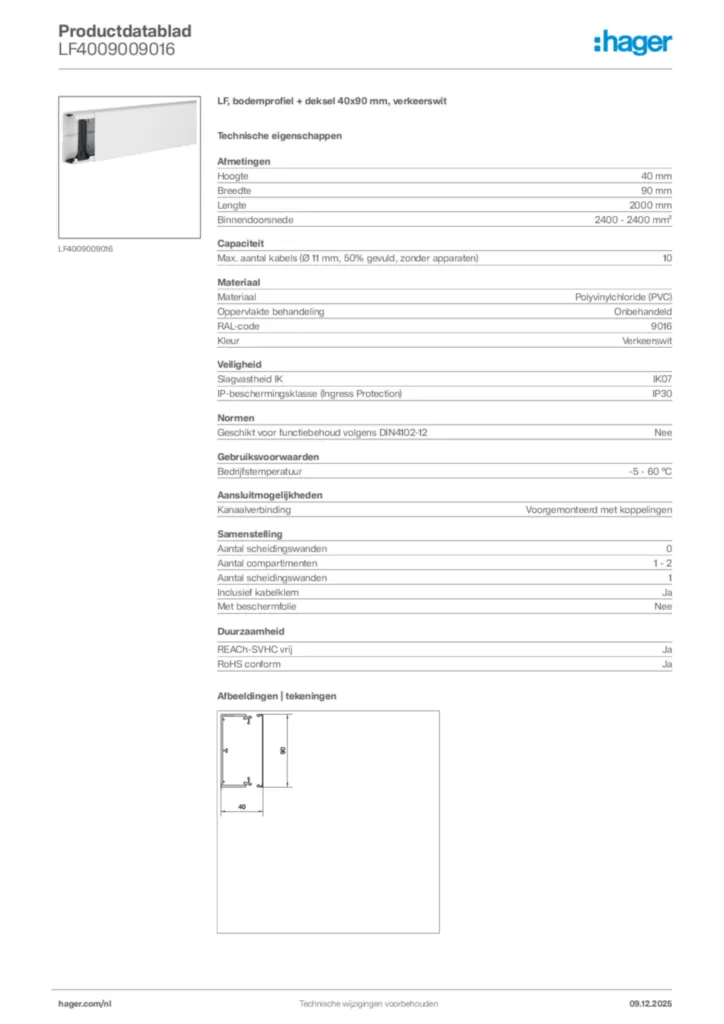Afbeelding Hager Productdatablad LF4009009016 | Hager Nederland