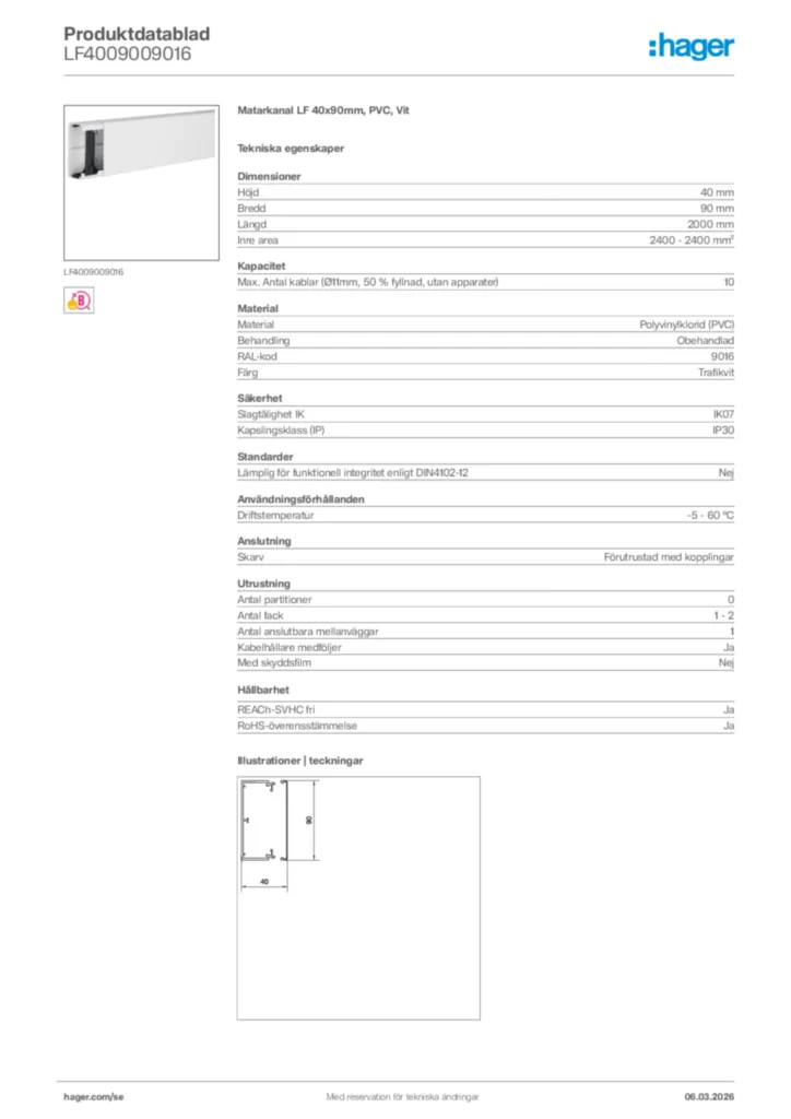 Bild Hager Produktdatablad LF4009009016 | Hager Sverige