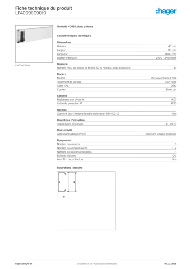 Image Hager Fiche technique du produit LF4009009010 | Hager Suisse