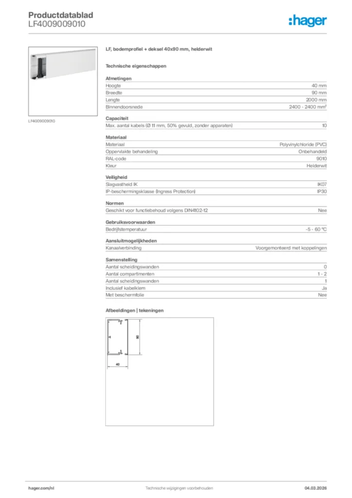 Afbeelding Hager Productdatablad LF4009009010 | Hager Nederland