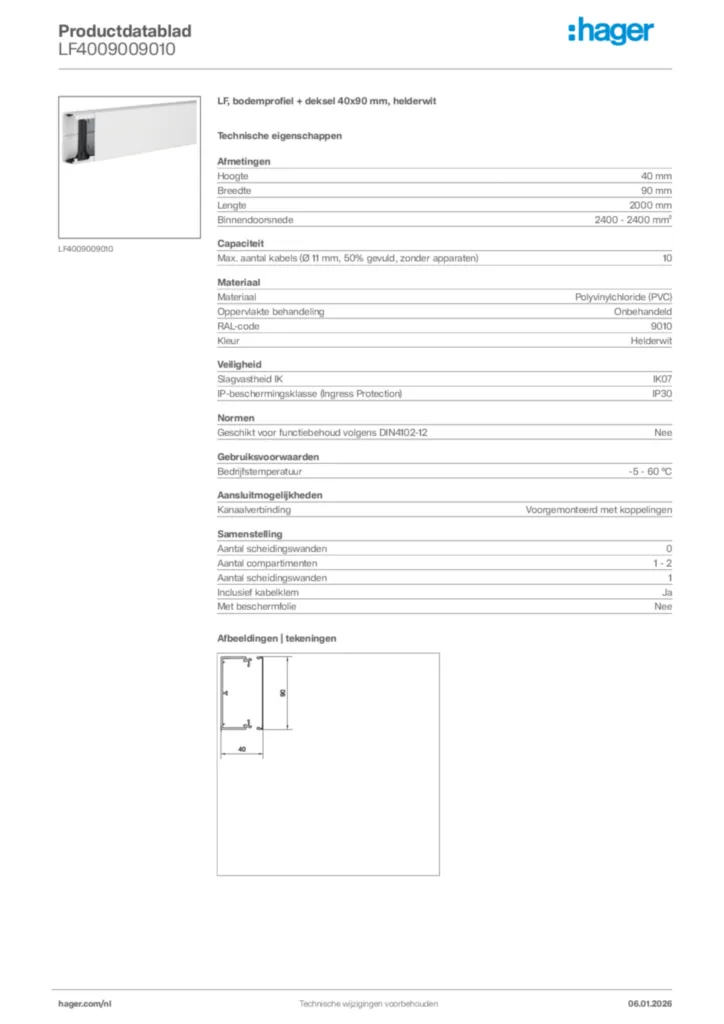 Afbeelding Hager Productdatablad LF4009009010 | Hager Nederland