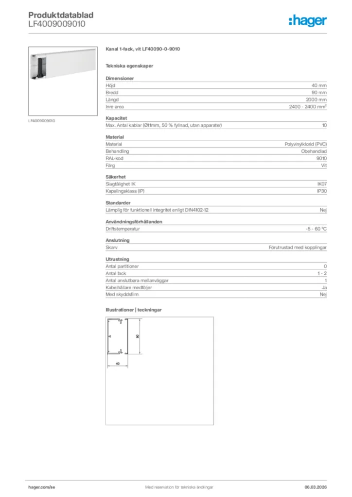Bild Hager Produktdatablad LF4009009010 | Hager Sverige