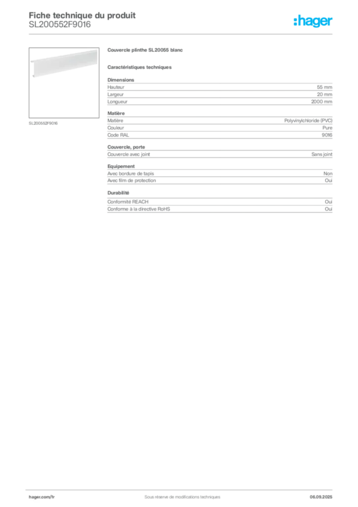 Image Hager Fiche technique du produit SL200552F9016 | Hager France
