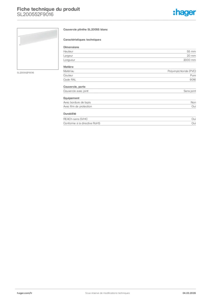 Image Hager Fiche technique du produit SL200552F9016 | Hager France