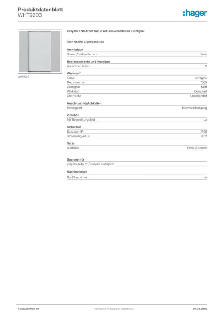 Bild Hager Produktdatenblatt WHT9203 | Hager Schweiz