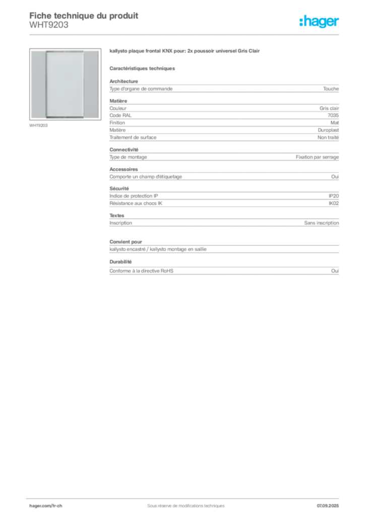 Image Hager Fiche technique du produit WHT9203 | Hager Suisse