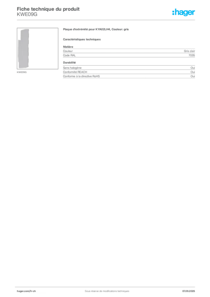 Image Hager Fiche technique du produit KWE09G | Hager Suisse