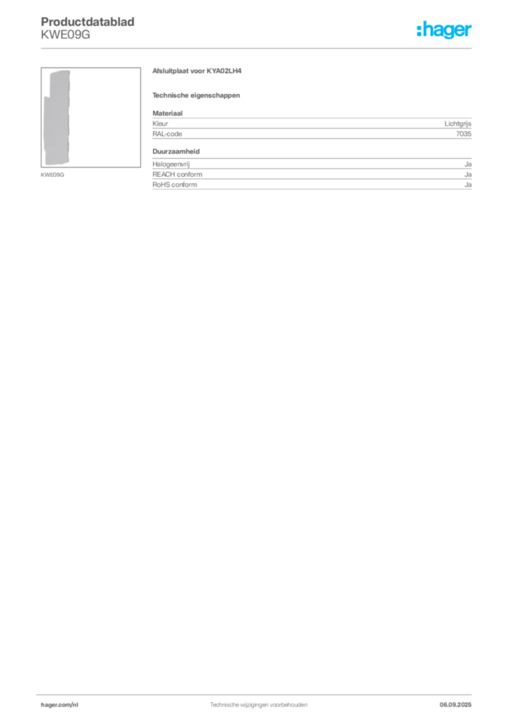 Afbeelding Hager Productdatablad KWE09G | Hager Nederland