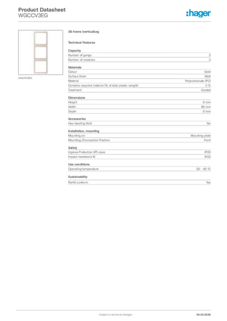 Image Hager Product data sheet WGCCV3EG  | Hager Africa