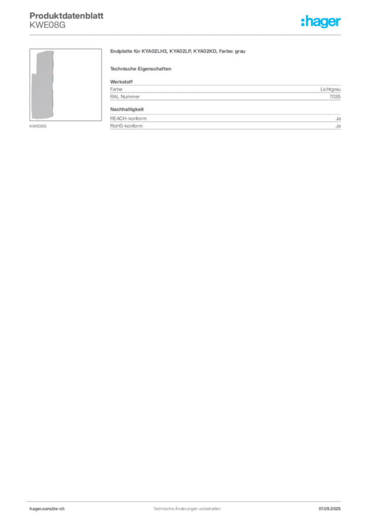 Bild Hager Produktdatenblatt KWE08G | Hager Schweiz