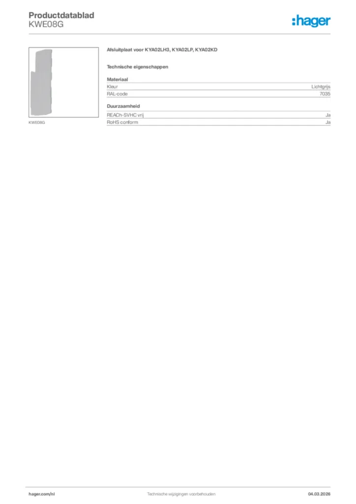 Afbeelding Hager Productdatablad KWE08G | Hager Nederland