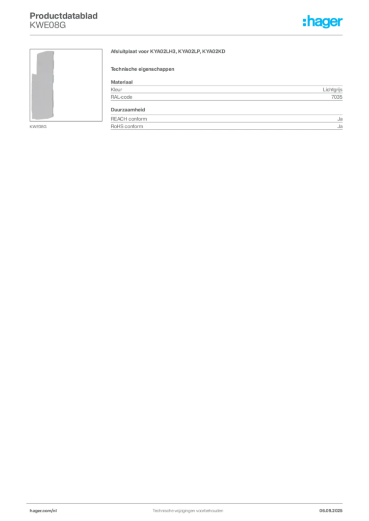 Afbeelding Hager Productdatablad KWE08G | Hager Nederland