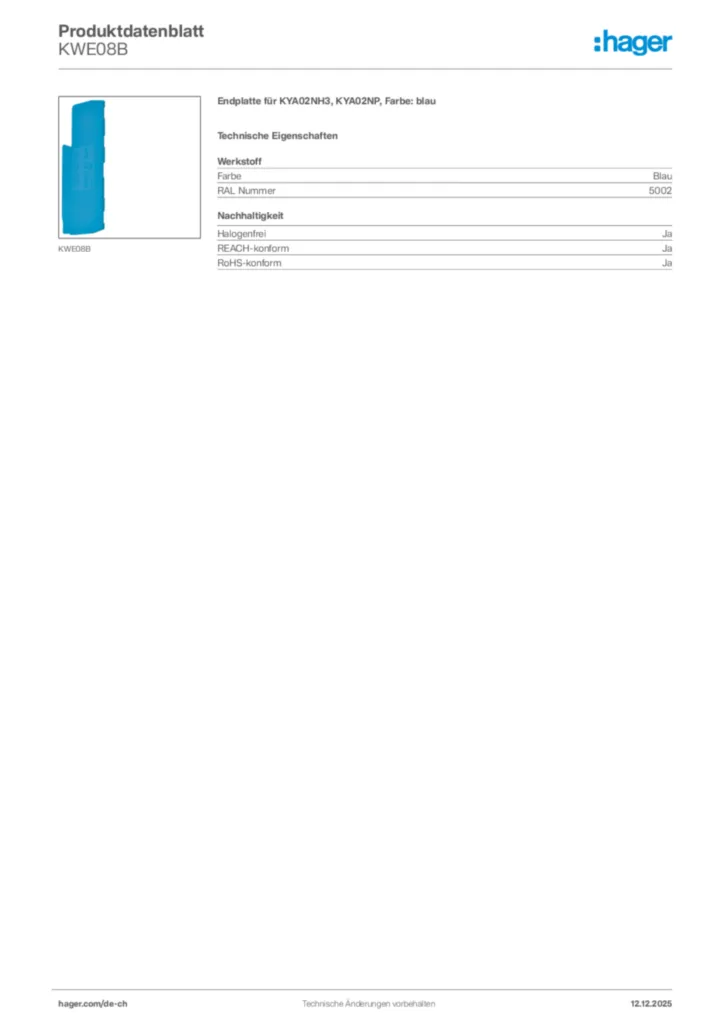 Bild Hager Produktdatenblatt KWE08B | Hager Schweiz
