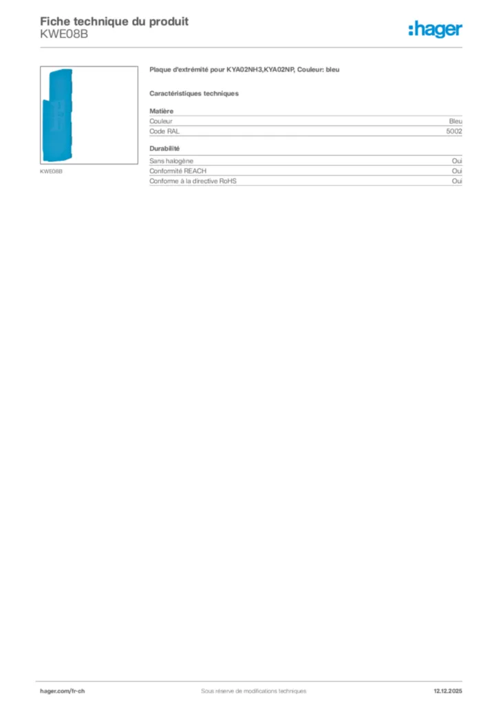 Image Hager Fiche technique du produit KWE08B | Hager Suisse