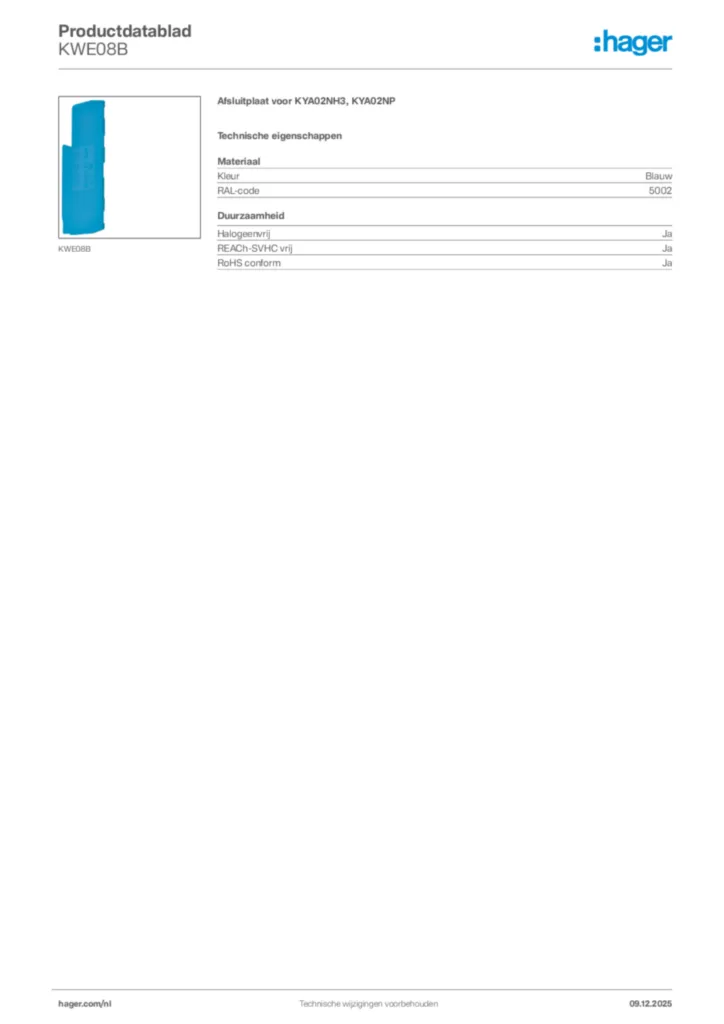 Afbeelding Hager Productdatablad KWE08B | Hager Nederland