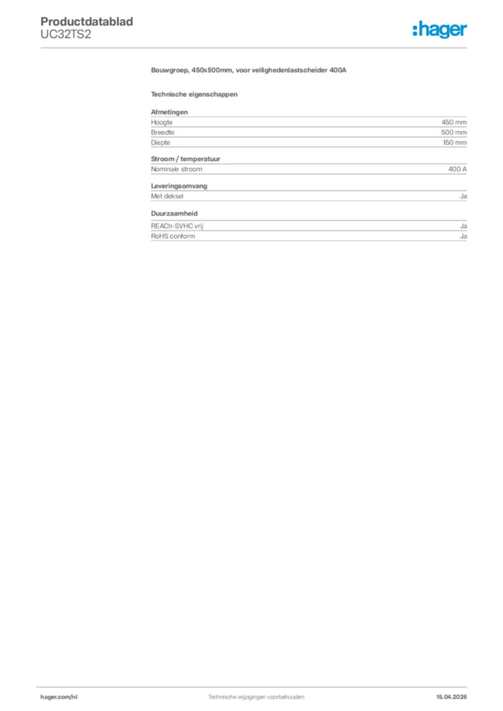 Afbeelding Hager Productdatablad UC32TS2 | Hager Nederland