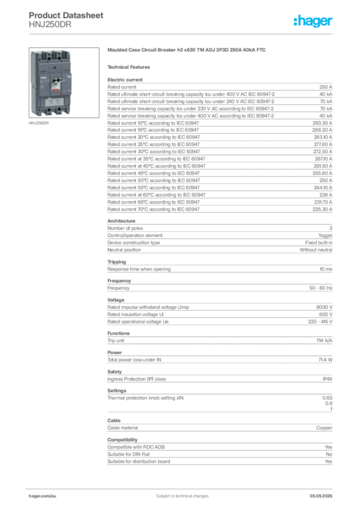 Image Hager Product data sheet HNJ250DR  | Hager Australia