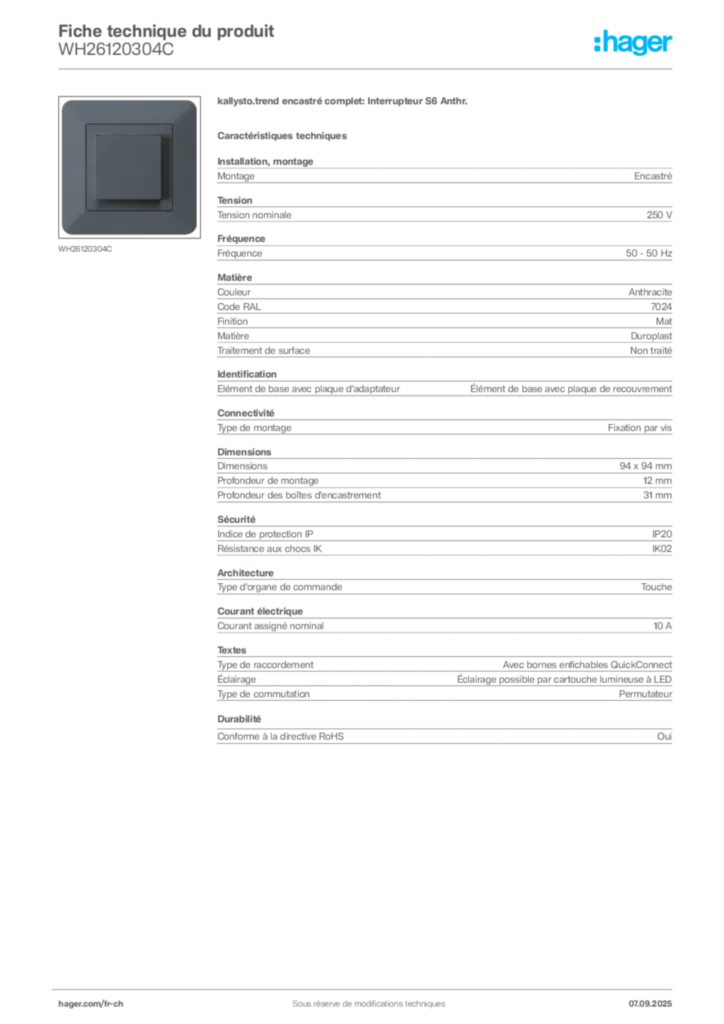 Image Hager Fiche technique du produit WH26120304C | Hager Suisse
