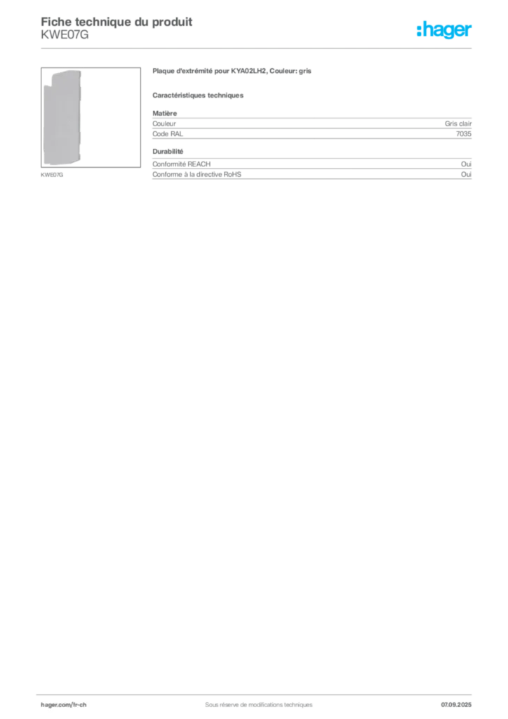 Image Hager Fiche technique du produit KWE07G | Hager Suisse