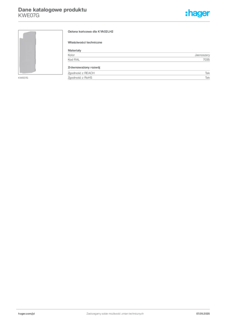 Zdjęcie Hager Dane katalogowe produktu KWE07G | Hager Polska