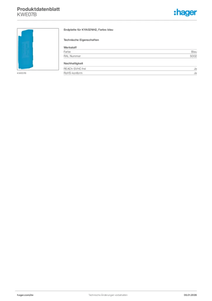 Bild Hager Produktdatenblatt KWE07B | Hager Deutschland