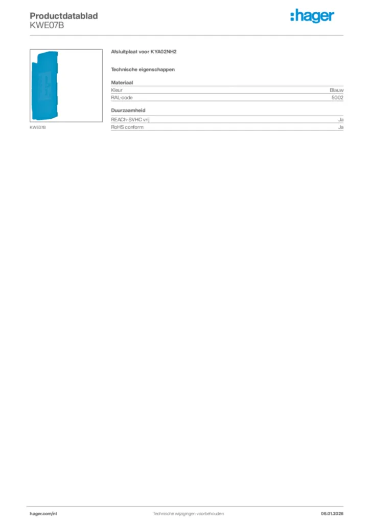 Afbeelding Hager Productdatablad KWE07B | Hager Nederland