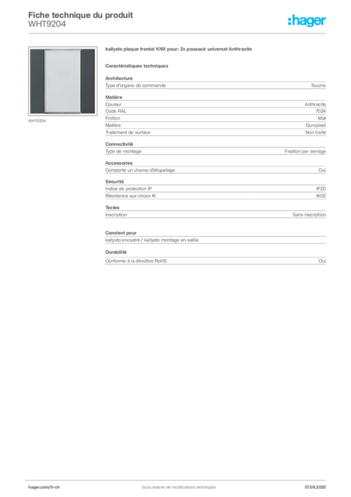 Image Hager Fiche technique du produit WHT9204 | Hager Suisse