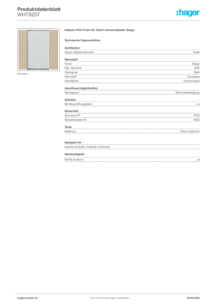 Bild Hager Produktdatenblatt WHT9207 | Hager Schweiz