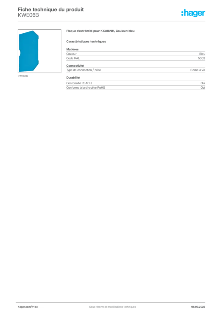 Image Hager Fiche technique du produit KWE06B | Hager Belgique