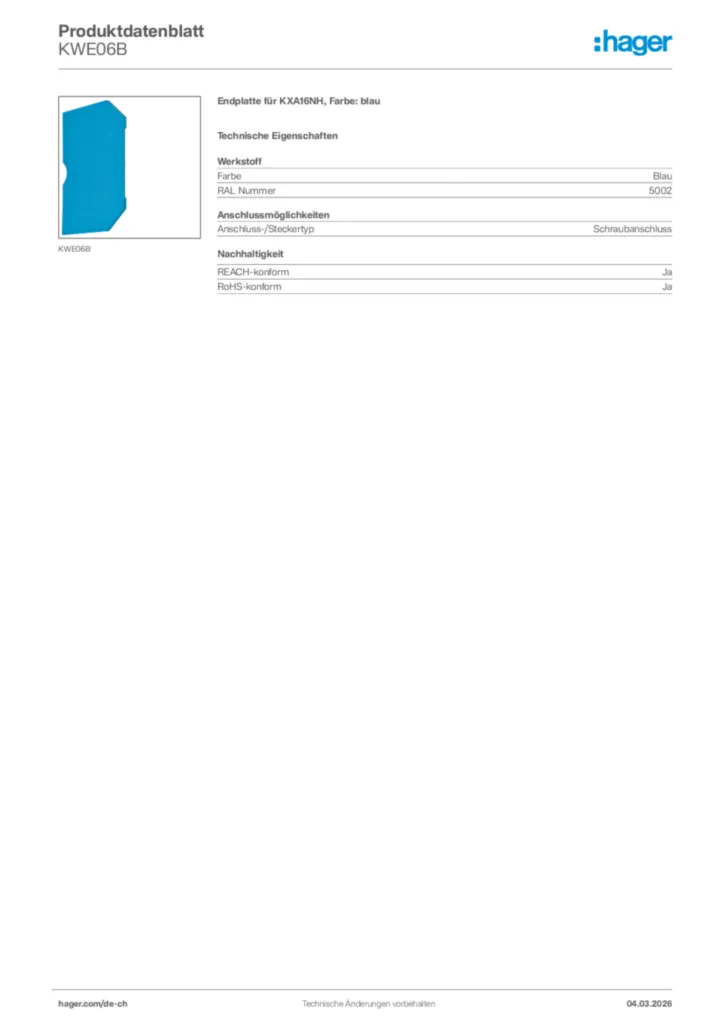 Bild Hager Produktdatenblatt KWE06B | Hager Schweiz