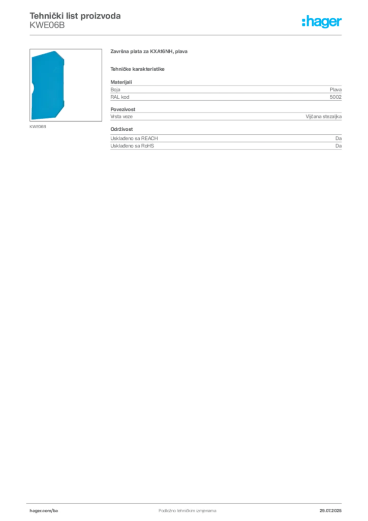 Slika Hager Product data sheet KWE06B  | Hager