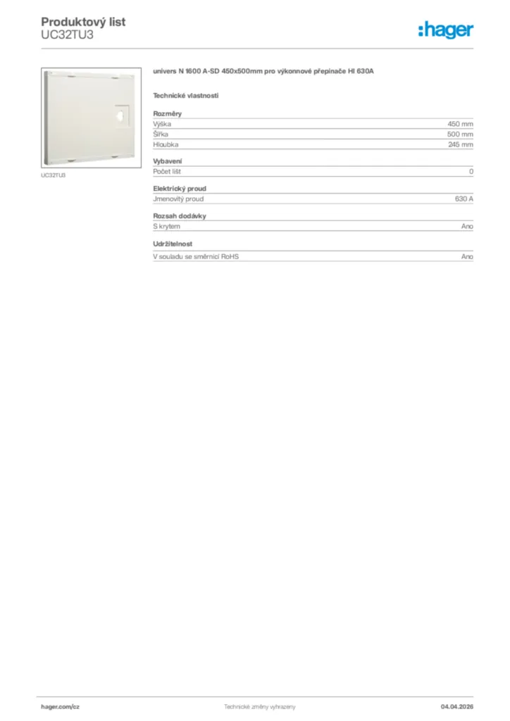 Obrázek Hager Product data sheet UC32TU3 | Hager