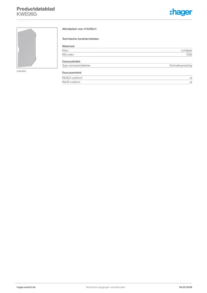 Afbeelding Hager Productdatablad KWE06G | Hager Belgium